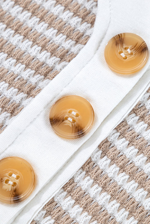 Khaki Stripe Buttoned Front V Neck Knitted T Shirt