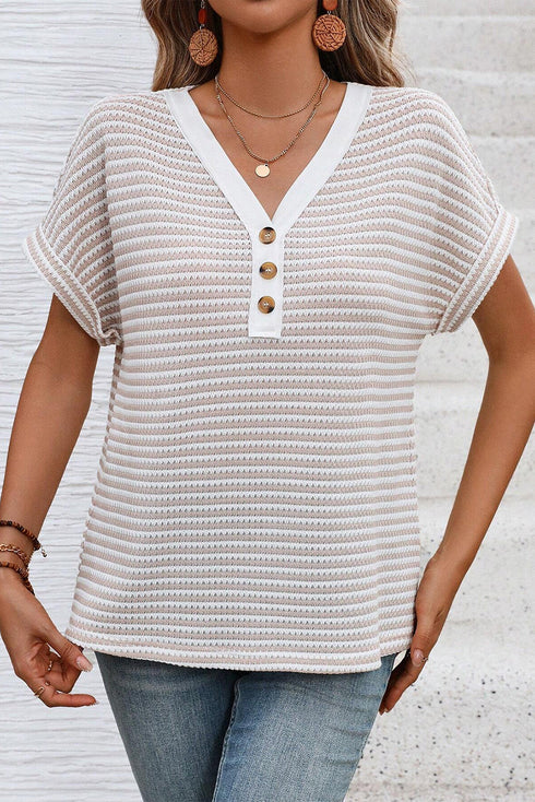 Khaki Stripe Buttoned Front V Neck Knitted T Shirt