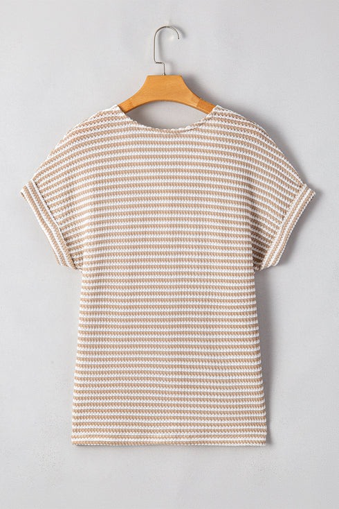 Khaki Stripe Buttoned Front V Neck Knitted T Shirt
