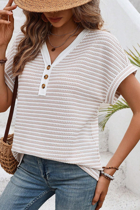 Khaki Stripe Buttoned Front V Neck Knitted T Shirt