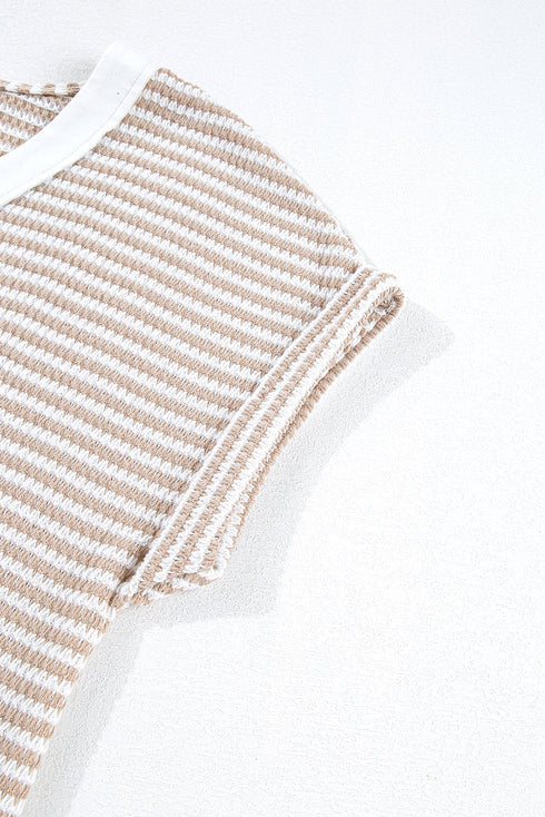 Khaki Stripe Buttoned Front V Neck Knitted T Shirt