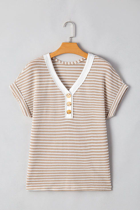 Khaki Stripe Buttoned Front V Neck Knitted T Shirt