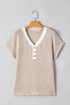 Khaki Stripe Buttoned Front V Neck Knitted T Shirt