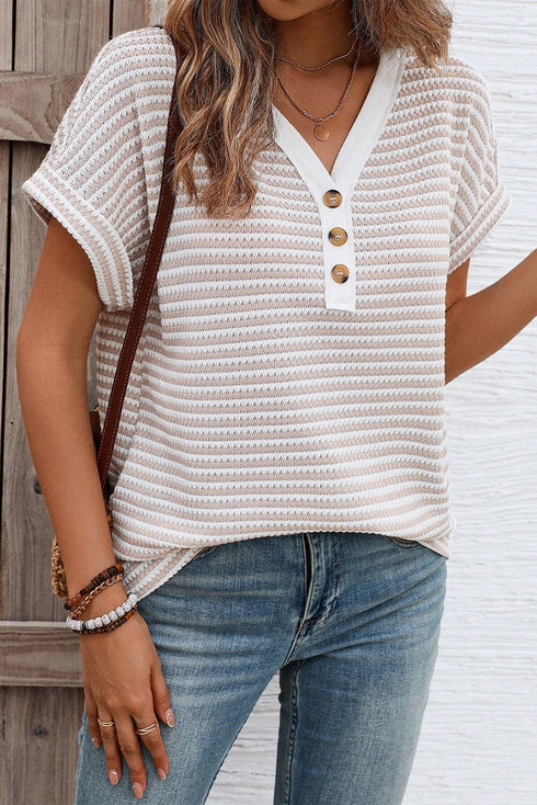 Khaki Stripe Buttoned Front V Neck Knitted T Shirt