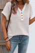 Khaki Stripe Buttoned Front V Neck Knitted T Shirt