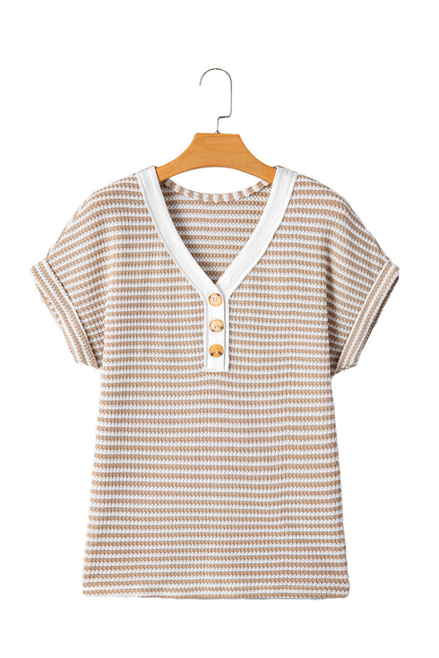 Khaki Stripe Buttoned Front V Neck Knitted T Shirt