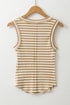 Khaki Stripe Exposed Seam Trim Round Neck Sleeveless Top