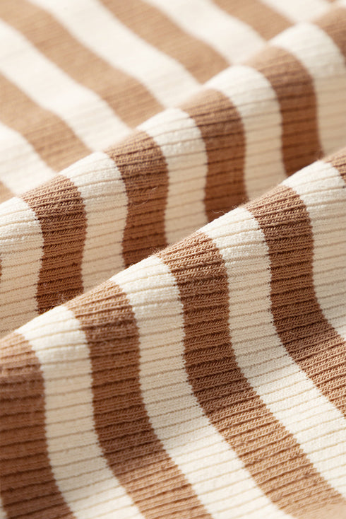 Khaki Stripe Exposed Seam Trim Round Neck Sleeveless Top