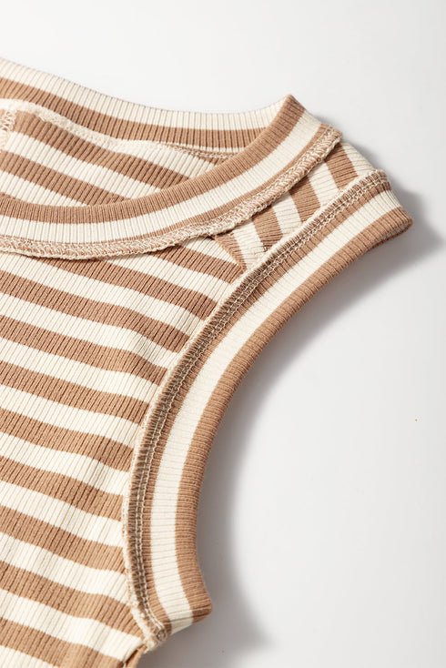 Khaki Stripe Exposed Seam Trim Round Neck Sleeveless Top