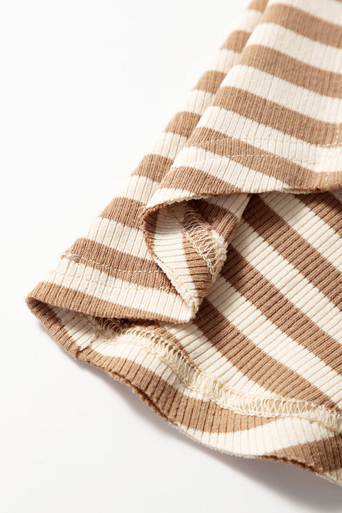 Khaki Stripe Exposed Seam Trim Round Neck Sleeveless Top