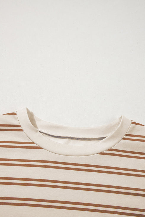 Khaki Stripe Round Neck Sleeveless Casual Pocketed Mini Dress