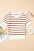 Khaki Stripe Scalloped Round Neck Short Sleeve Sweater