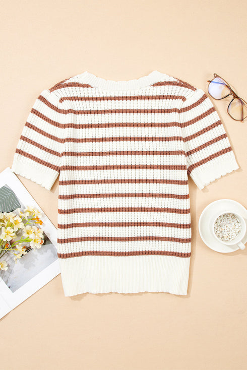 Khaki Stripe Scalloped Round Neck Short Sleeve Sweater