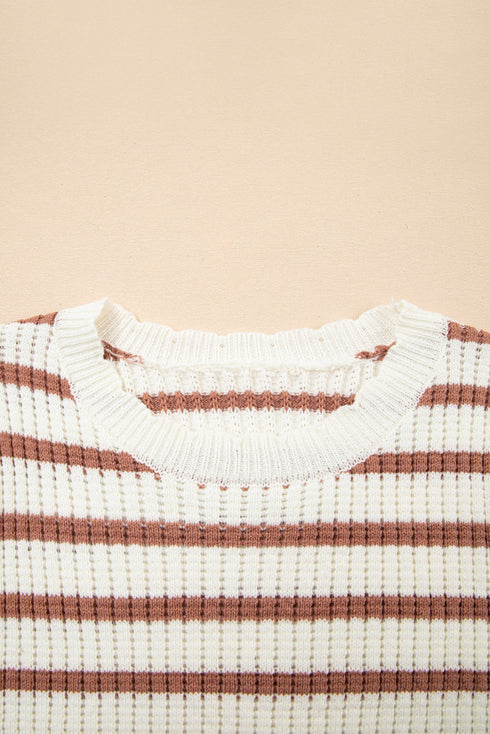 Khaki Stripe Scalloped Round Neck Short Sleeve Sweater