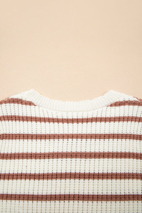 Khaki Stripe Scalloped Round Neck Short Sleeve Sweater