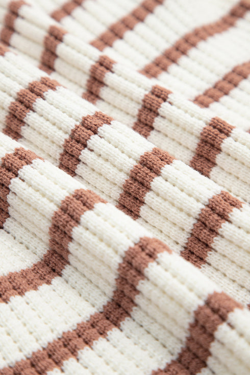 Khaki Stripe Scalloped Round Neck Short Sleeve Sweater