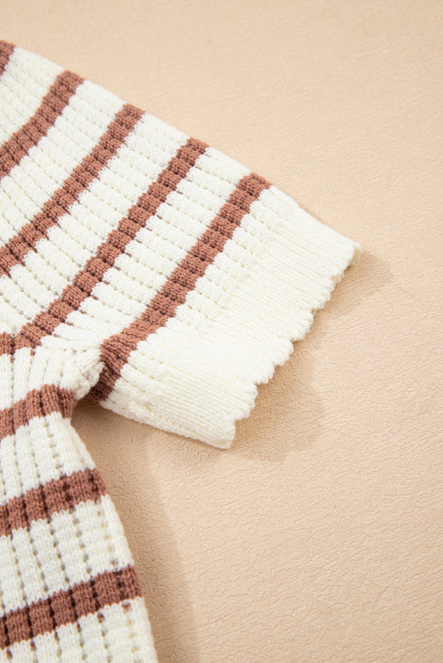 Khaki Stripe Scalloped Round Neck Short Sleeve Sweater