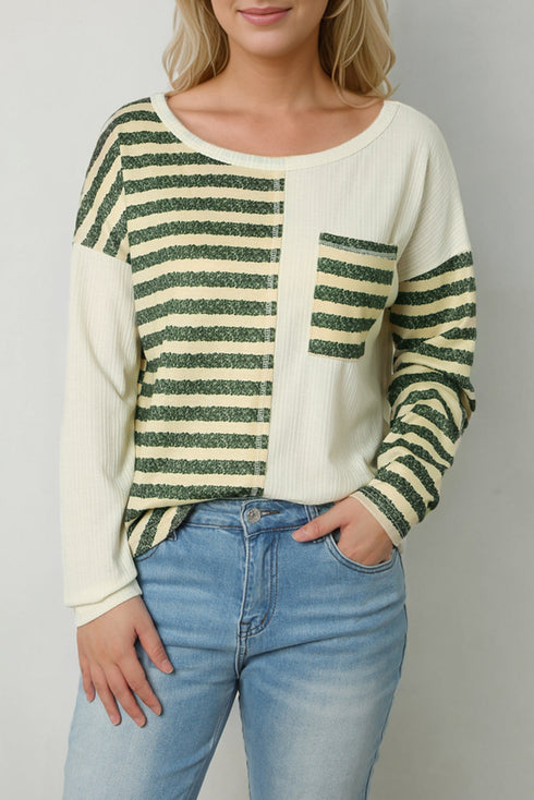 Khaki Striped Patch Textured Fabric Long Sleeve Top