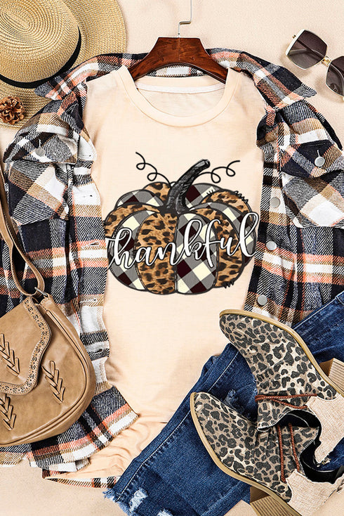 Khaki Thankful Pumpkin Plaid Print Crewneck Graphic Tee