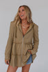 Khaki Tiered Ruffled Zip-Up Drawstring Hooded Jacket