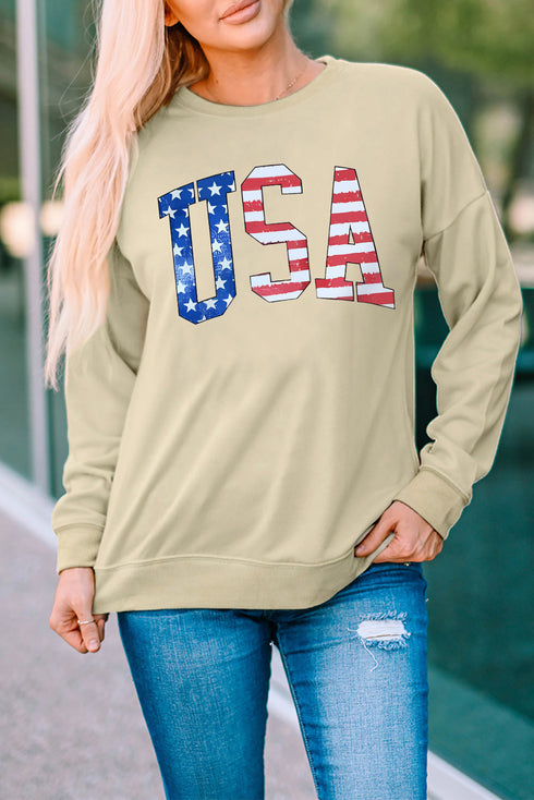 Khaki USA Flag Graphic Print Crew Neck Pullover Sweatshirt