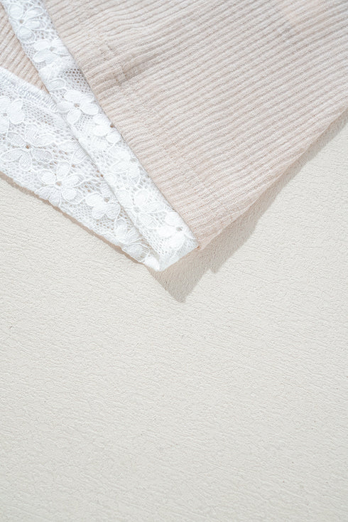 Khaki V Neck Floral Peace Sign Graphic Lace Patch Ribbed Plus Size Hooded Top