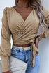 Khaki V-Neck Lantern Sleeve Wrapped Knot Top