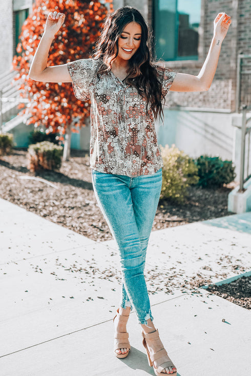 Khaki V-Neck Short Sleeve Fashion Print Fantasy Fluttering Blouse