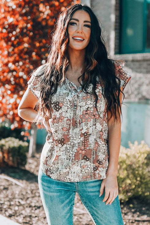 Khaki V-Neck Short Sleeve Fashion Print Fantasy Fluttering Blouse