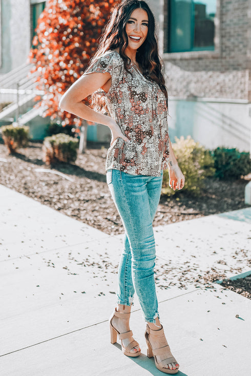 Khaki V-Neck Short Sleeve Fashion Print Fantasy Fluttering Blouse