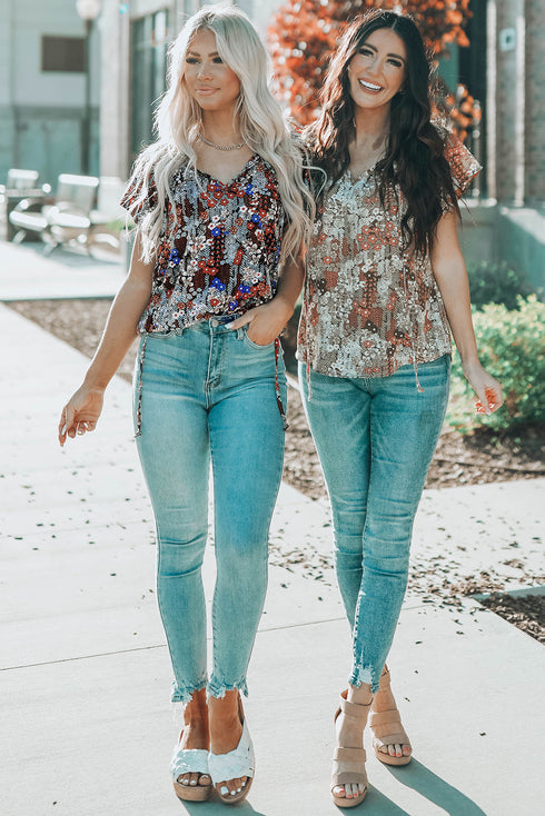 Khaki V-Neck Short Sleeve Fashion Print Fantasy Fluttering Blouse