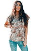 Khaki V-Neck Short Sleeve Fashion Print Fantasy Fluttering Blouse