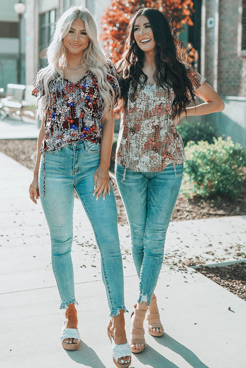 Khaki V-Neck Short Sleeve Fashion Print Fantasy Fluttering Blouse