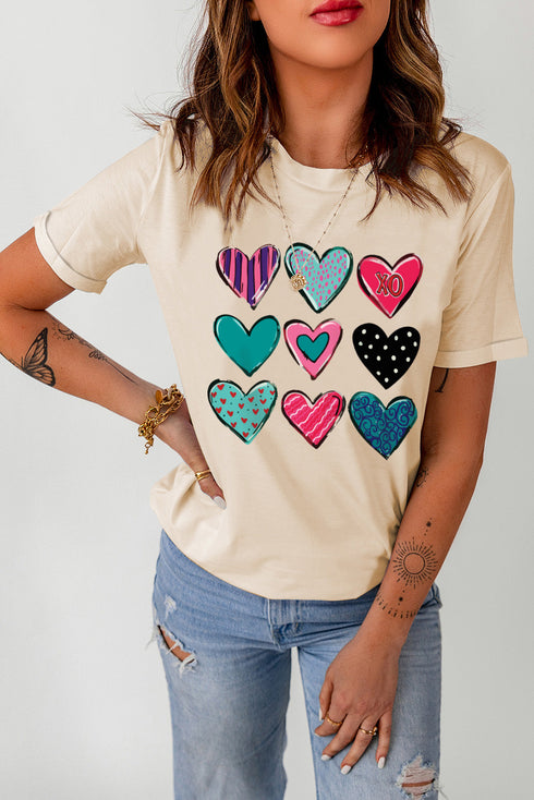 Khaki Valentines Multi Pattern Heart Print T Shirt