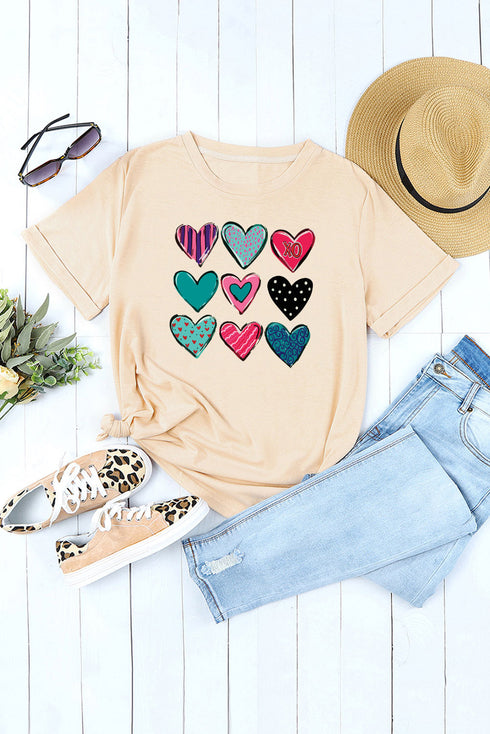 Khaki Valentines Multi Pattern Heart Print T Shirt