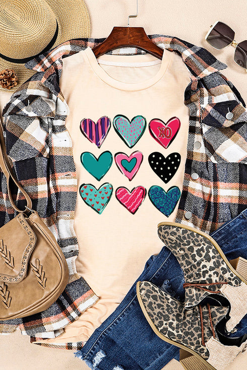 Khaki Valentines Multi Pattern Heart Print T Shirt
