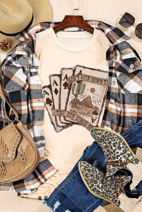 Khaki Western Poker Cards Graphic Print Short Sleeve T Shirt