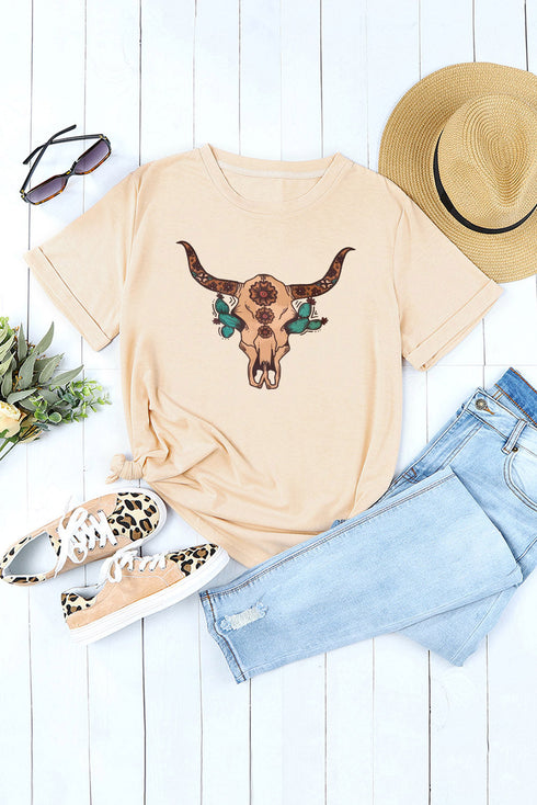Khaki Western Steer Skull Graphic Print Short Sleeve T Shirt