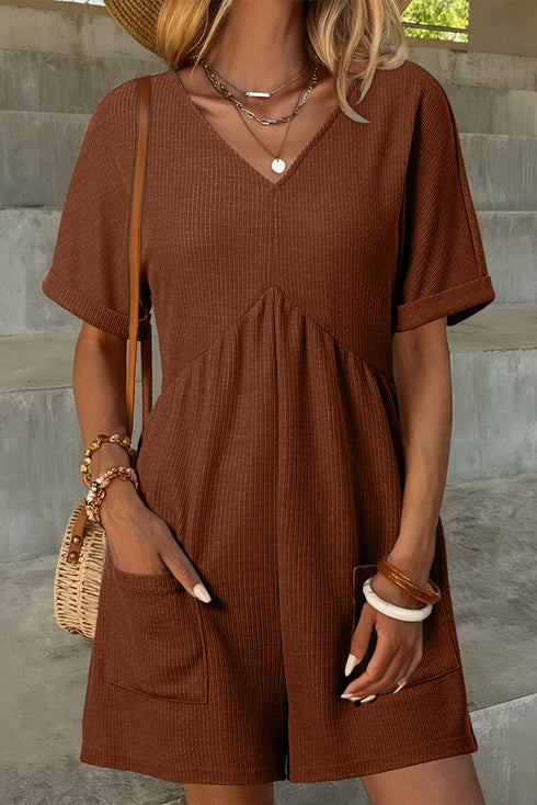 Knit Zip Front V Neck Relaxed Romper