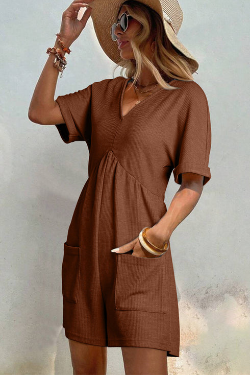Knit Zip Front V Neck Relaxed Romper