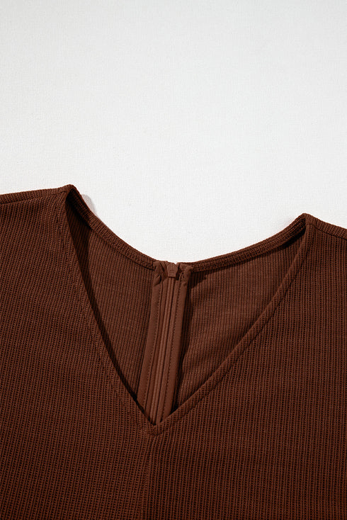 Knit Zip Front V Neck Relaxed Romper
