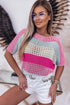Knitted Eyelet Colorblock Striped Half Sleeves Top