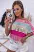 Knitted Eyelet Colorblock Striped Half Sleeves Top