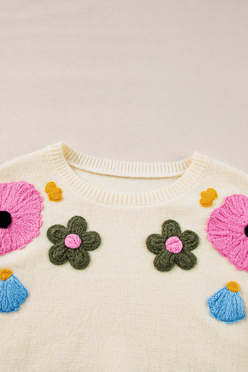 Knitted Flower Pattern Ribbed Edge Sweater