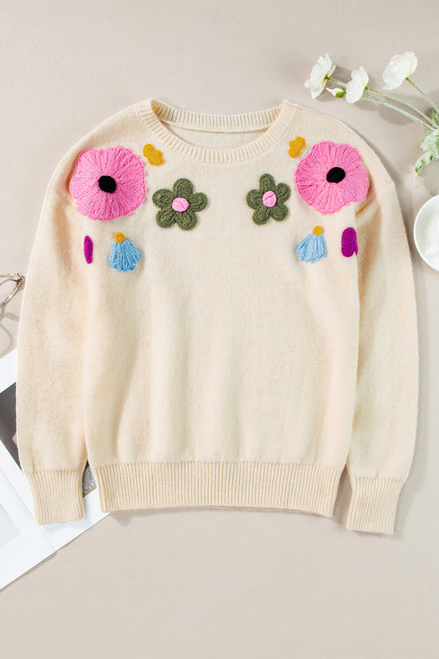 Knitted Flower Pattern Ribbed Edge Sweater