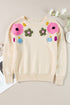 Knitted Flower Pattern Ribbed Edge Sweater