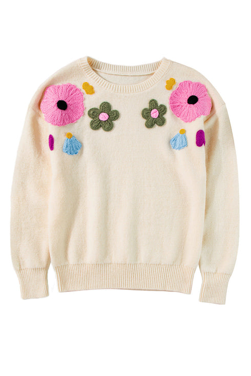 Knitted Flower Pattern Ribbed Edge Sweater
