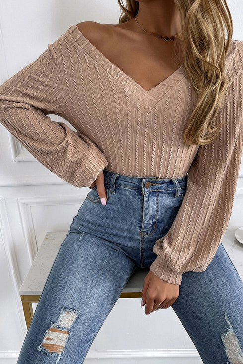 Knitted Jacquard V Neck Lantern Sleeve Top