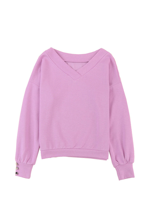 Knitted V Neck Buttoned Cuffs Sweater