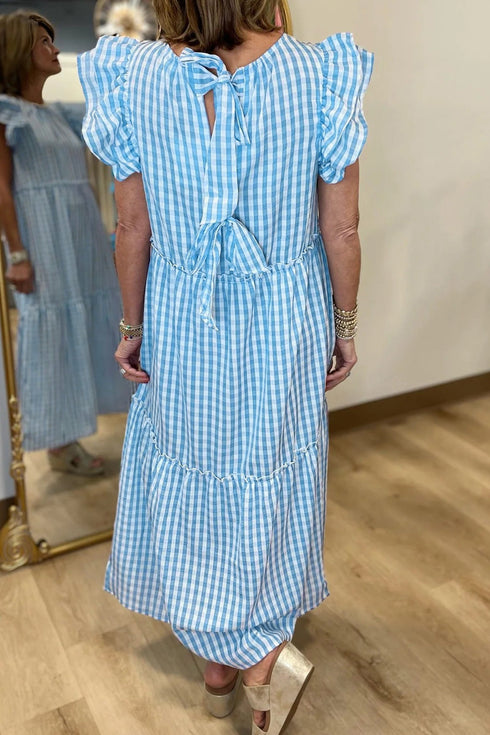 Knot Back Ruffled Short Sleeve Gingham Maxi Dress